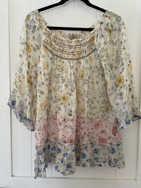 Democracy Beautiful Floral Peasant Tiered  Blouse Top 3/4 Sleeves Patchwork Sz L